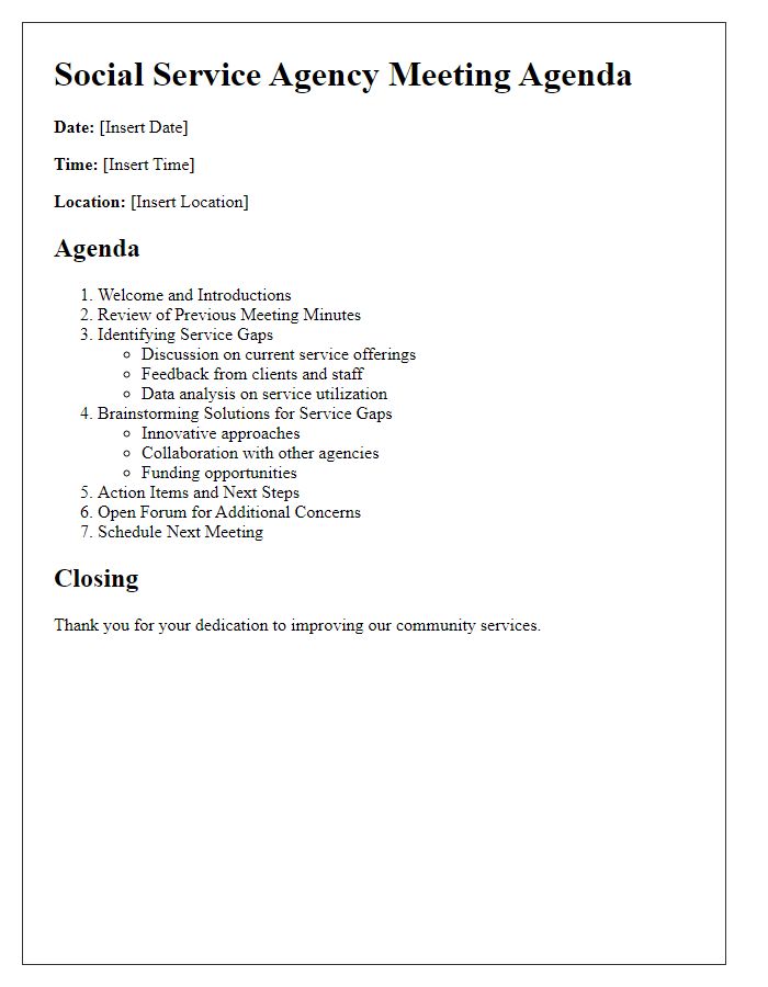 Letter template of social service agency meeting agenda addressing service gaps.