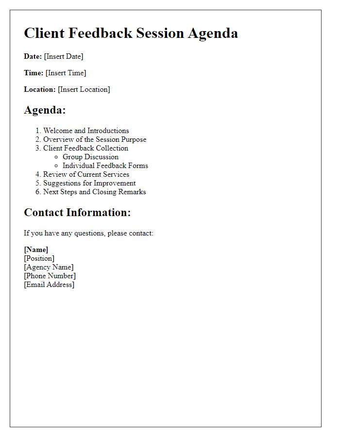 Letter template of social service agency meeting agenda for client feedback session.