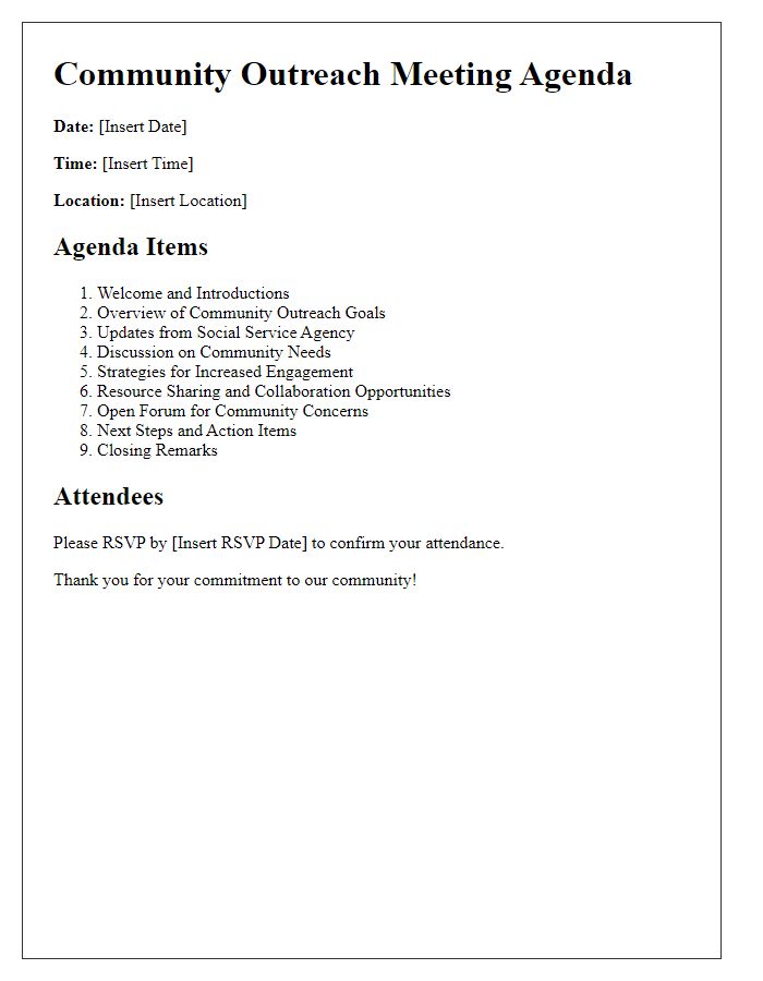 Letter template of social service agency meeting agenda for community outreach.