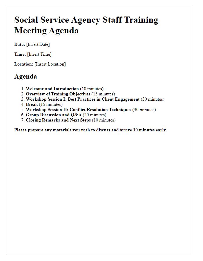 Letter template of social service agency meeting agenda for staff training.