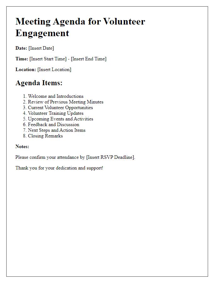 Letter template of social service agency meeting agenda for volunteer engagement.