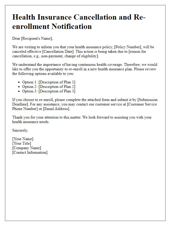 Letter template of health insurance cancellation and re-enrollment notification