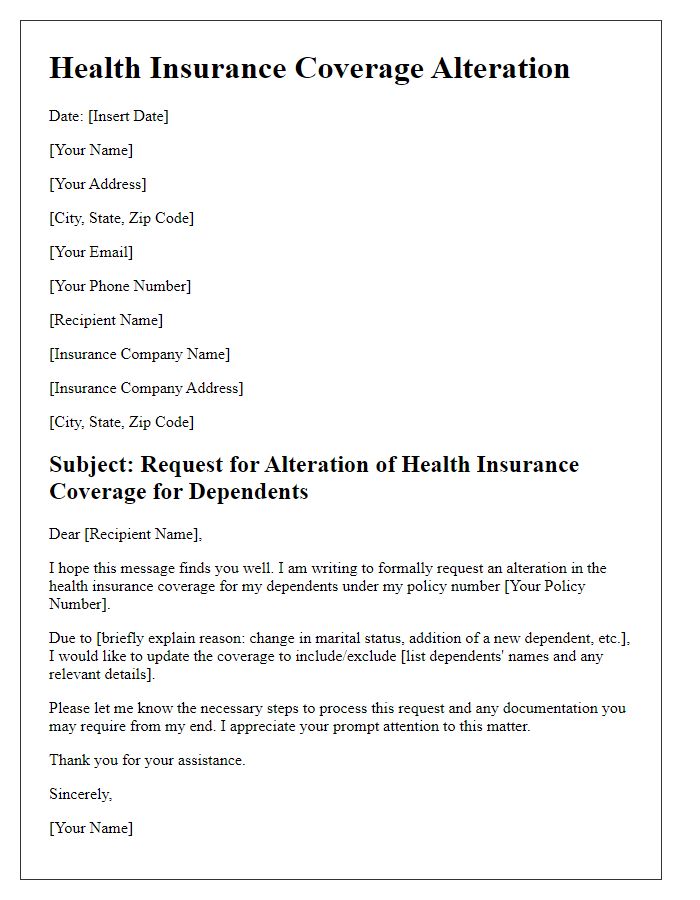 Letter template of health insurance coverage alteration for dependents