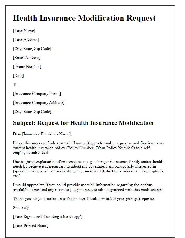 Letter template of health insurance modification for self-employed individuals