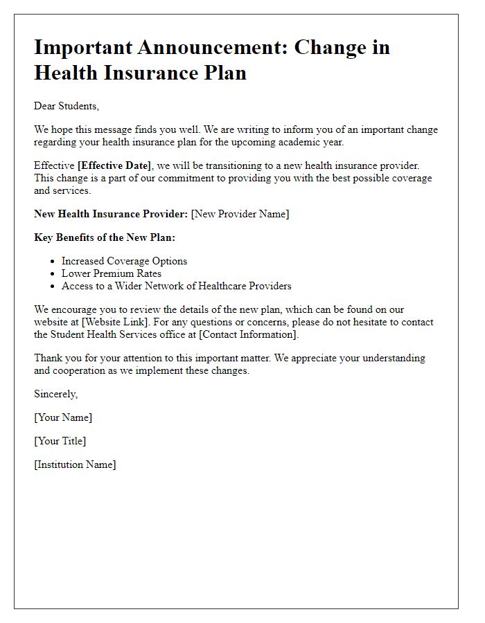 Letter template of health insurance plan change announcement for students