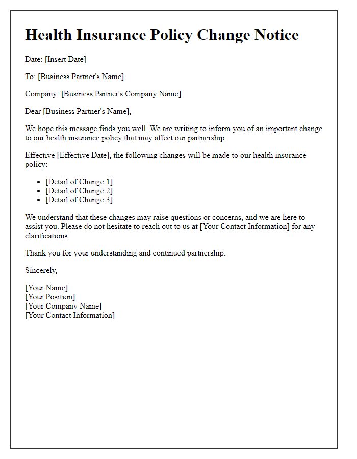 Letter template of health insurance policy change notice for business partners