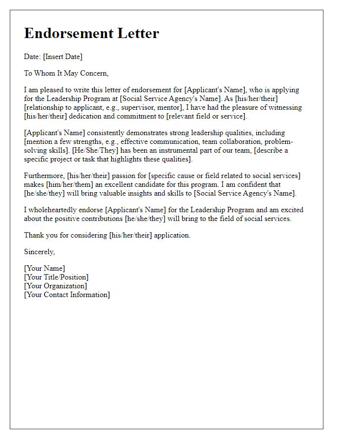 Letter template of endorsement for social service agency leadership program