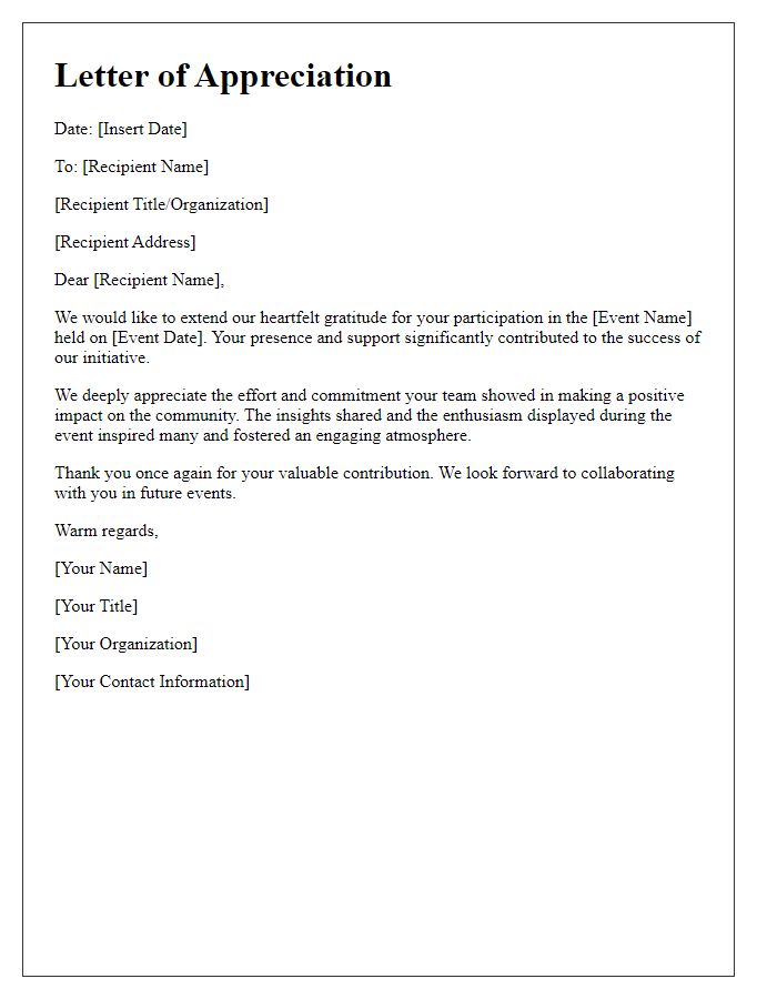 Letter template of appreciation for social service agency event participation