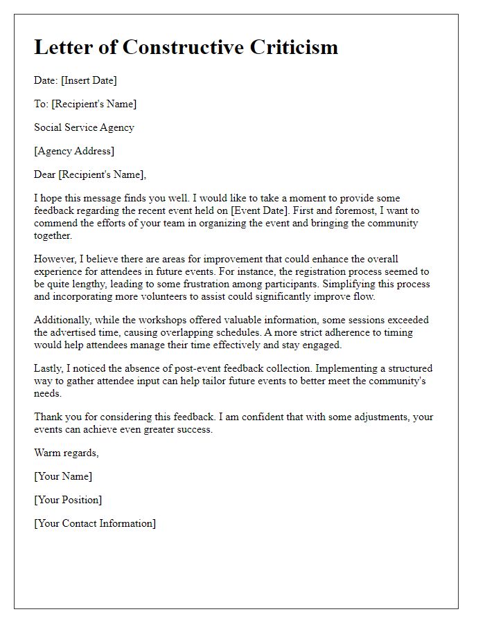 Letter template of constructive criticism for social service agency event