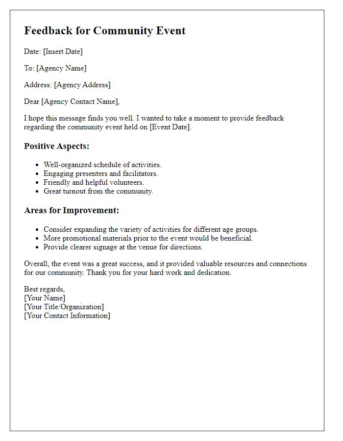 Letter template of feedback for social service agency community event