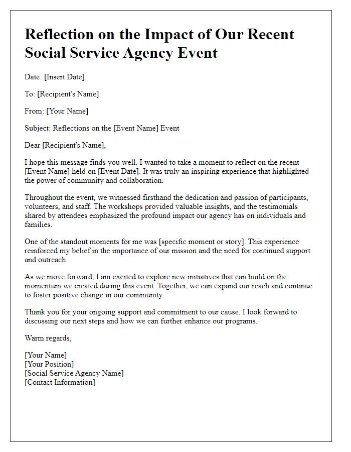 Letter template of reflections on social service agency event impact