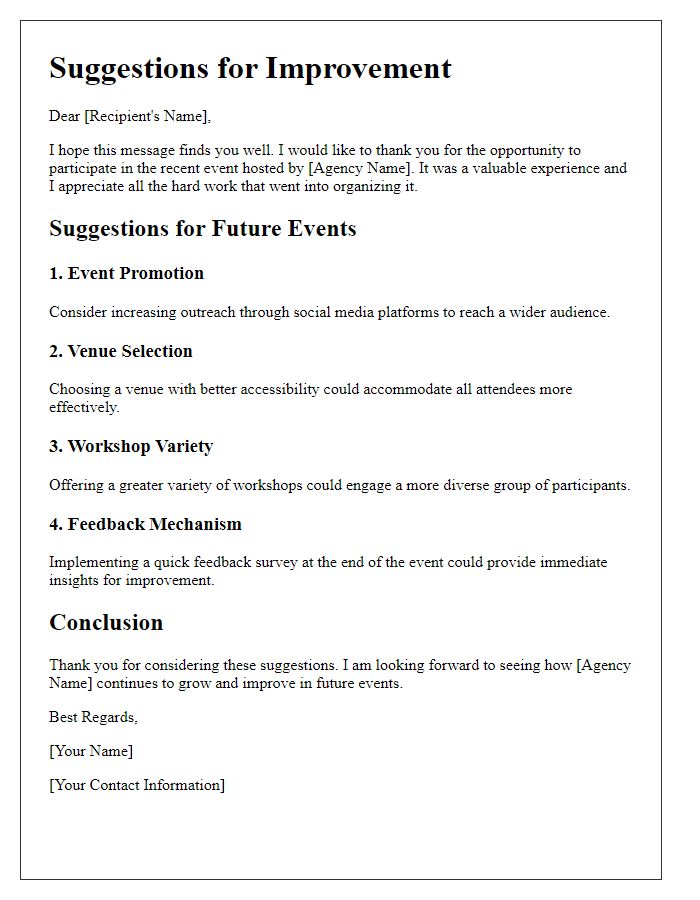 Letter template of suggestions for improvement post social service agency event