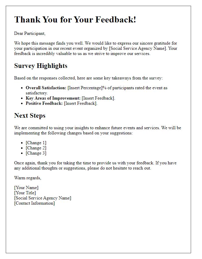 Letter template of survey feedback for social service agency event