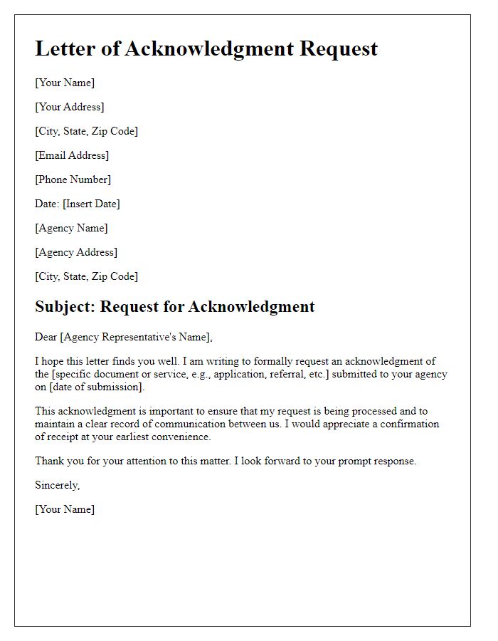 Letter template of acknowledgment request from social service agency