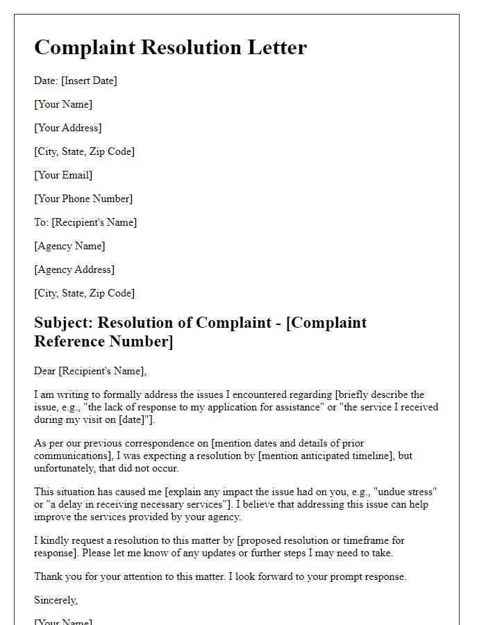 Letter template of complaint resolution for social service agency issues