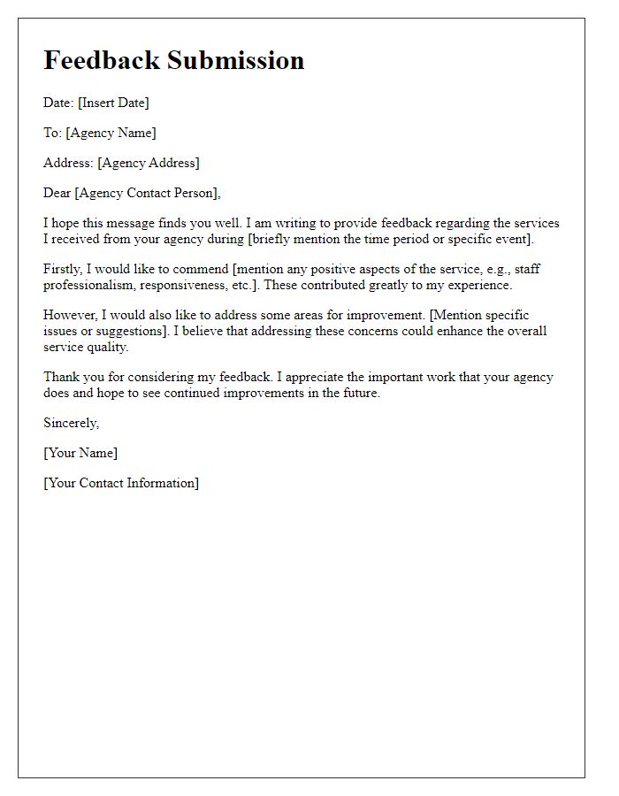 Letter template of feedback submission to social service agency