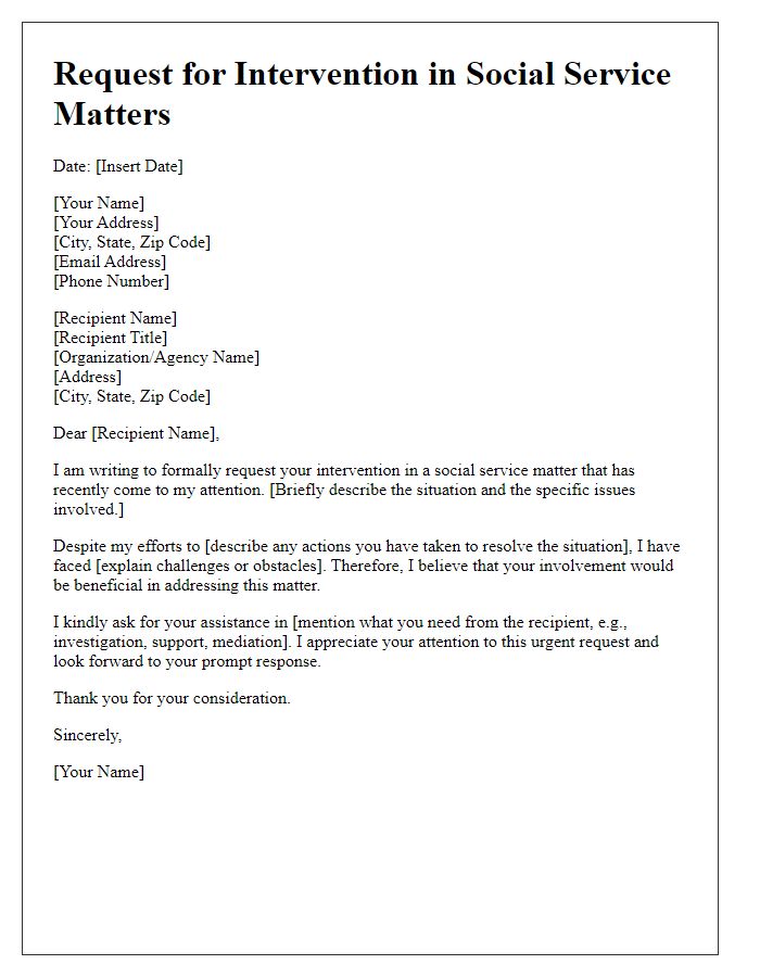 Letter template of request for intervention in social service matters