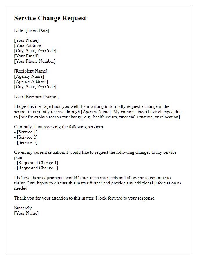 Letter template of service change request for social service agency assistance