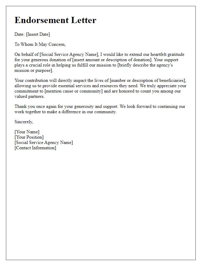 Letter template of endorsement for your generous donation to social service agency