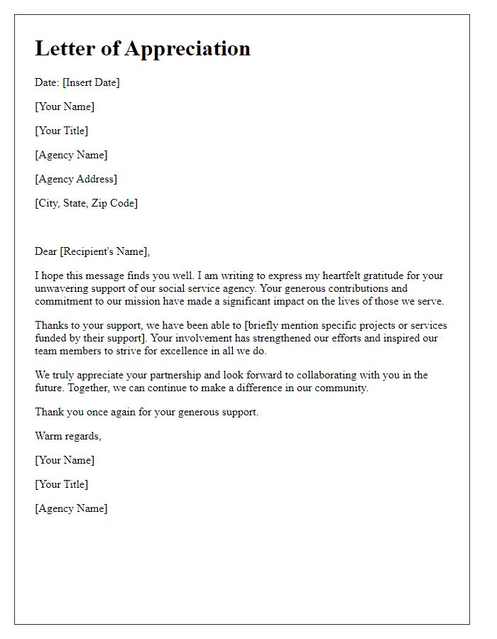 Letter template of sincere appreciation for your support of social service agency