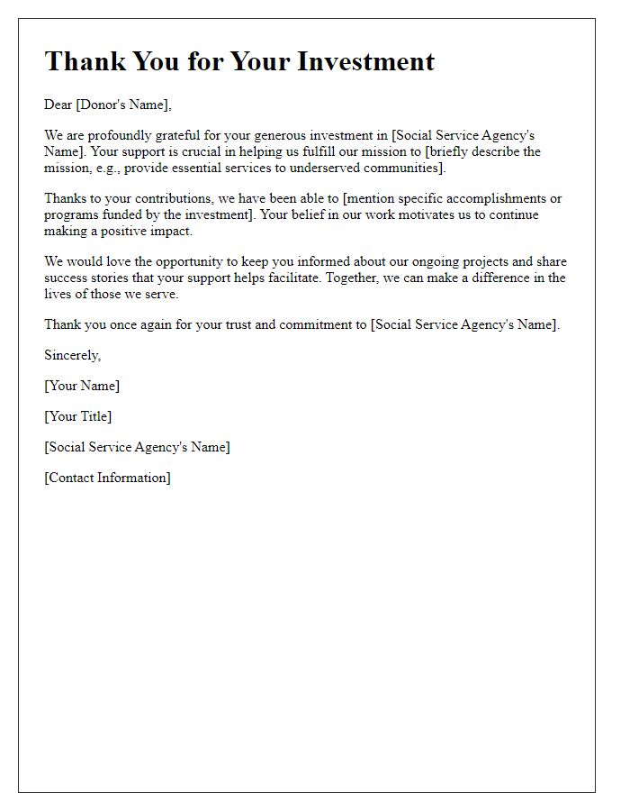 Letter template of thanks for your investment in social service agency's mission