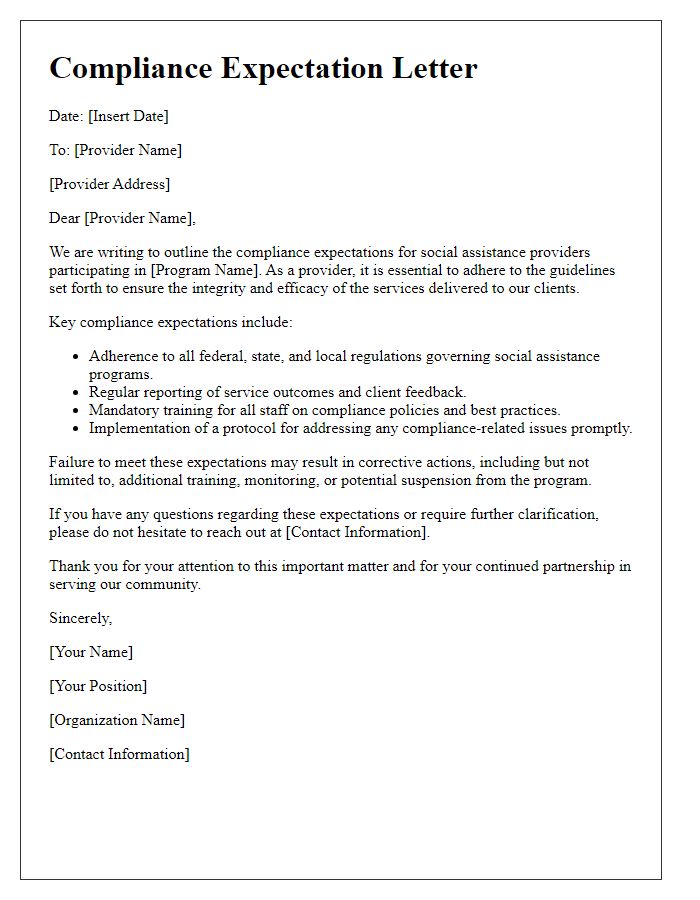 Letter template of compliance expectation letter for social assistance providers.