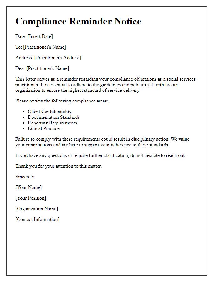 Letter template of compliance reminder for social services practitioners.