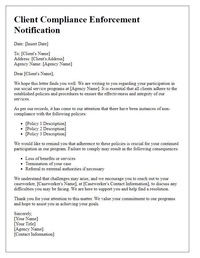 Letter template of policy enforcement for social service agencies addressing client compliance.