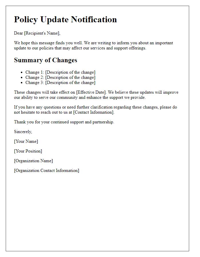 Letter template of policy update notification for social support organizations.