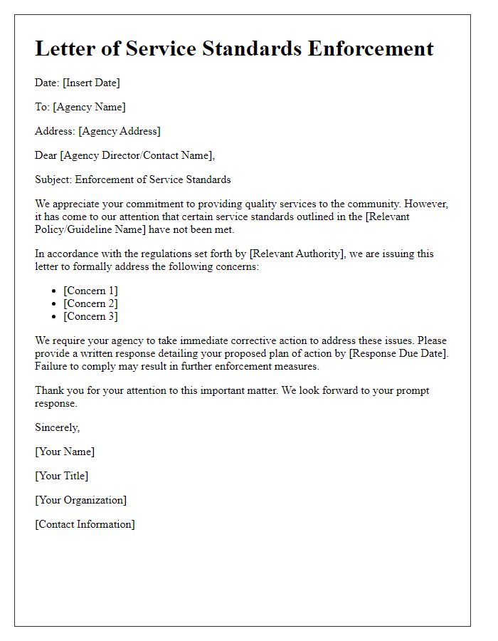 Letter template of service standards enforcement for welfare agencies.
