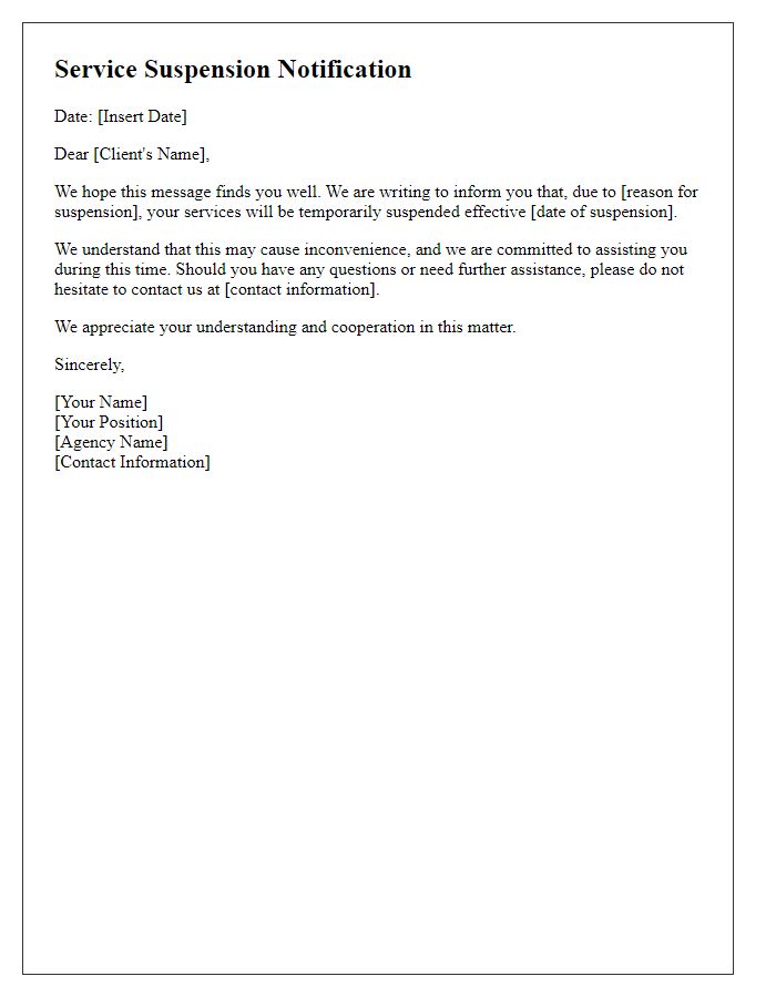 Letter template of client communication regarding service suspension by social service agency