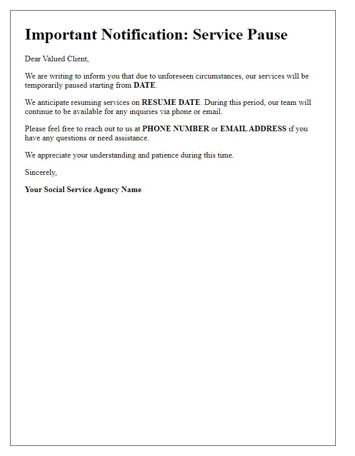 Letter template of information on service pause for clients of social service agency