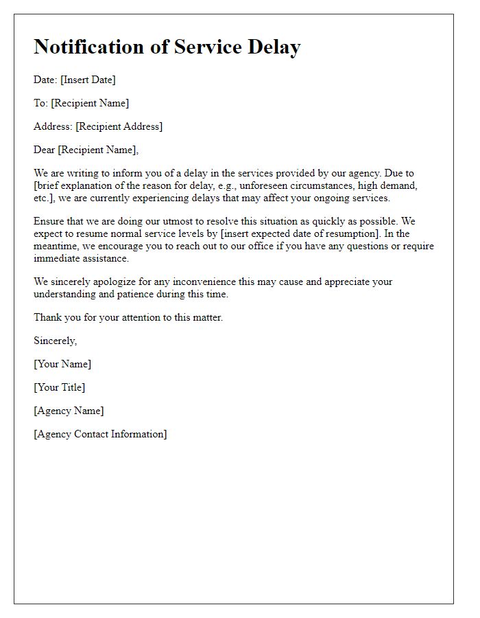 Letter template of notification regarding service delay from social service agency