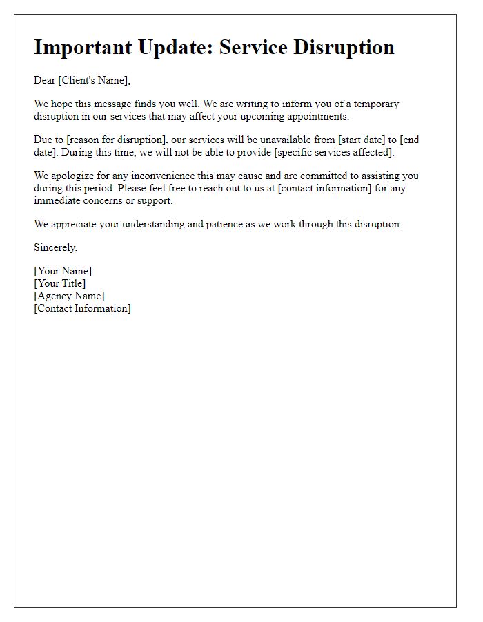 Letter template of service disruption update for social service agency clients