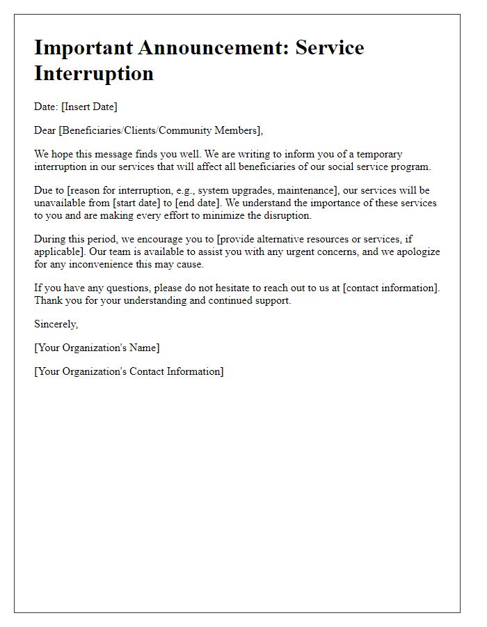 Letter template of service interruption announcement for beneficiaries of social service