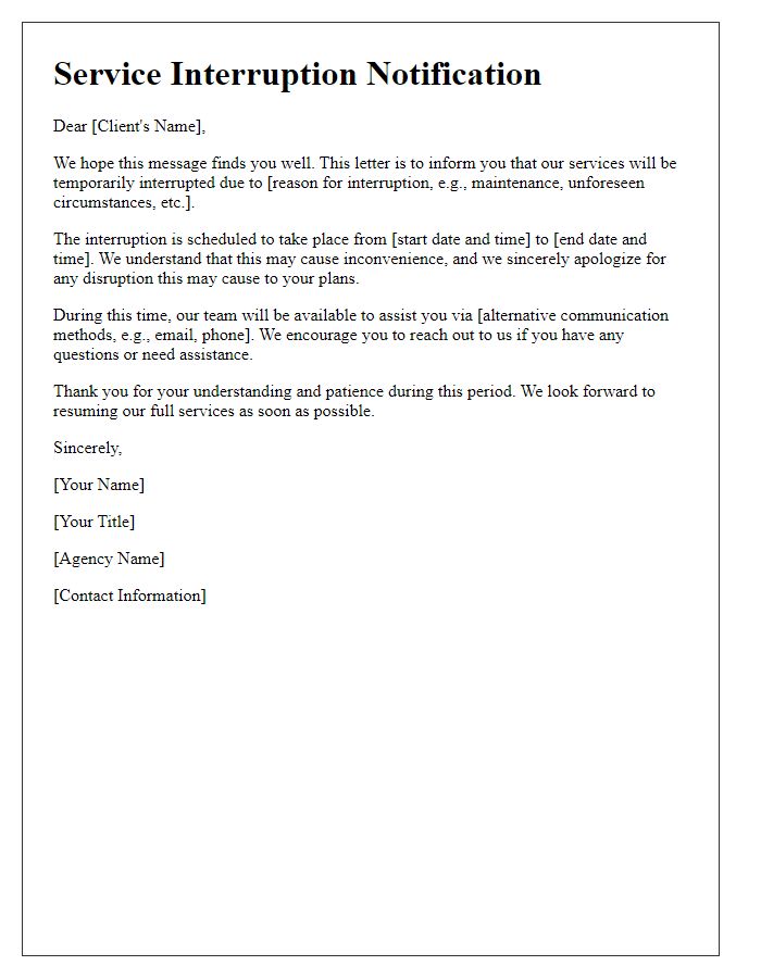 Letter template of service interruption notification to clients from social service agency