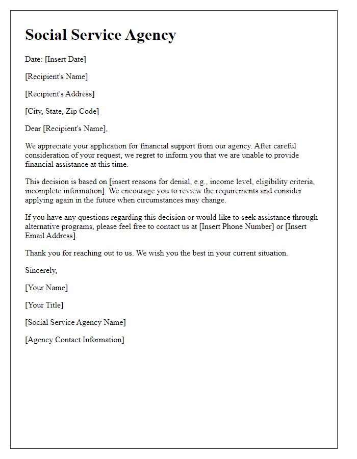 Letter template of social service agency financial support denial