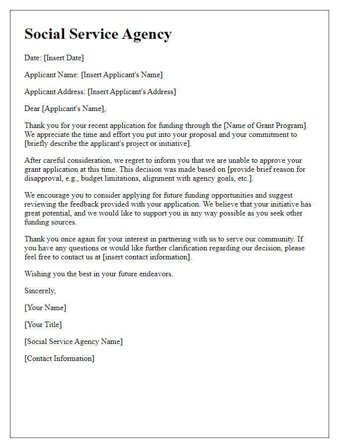 Letter template of social service agency grant application disapproval