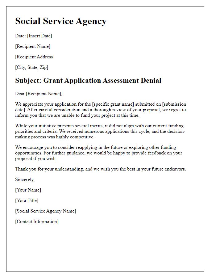 Letter template of social service agency grant assessment denial