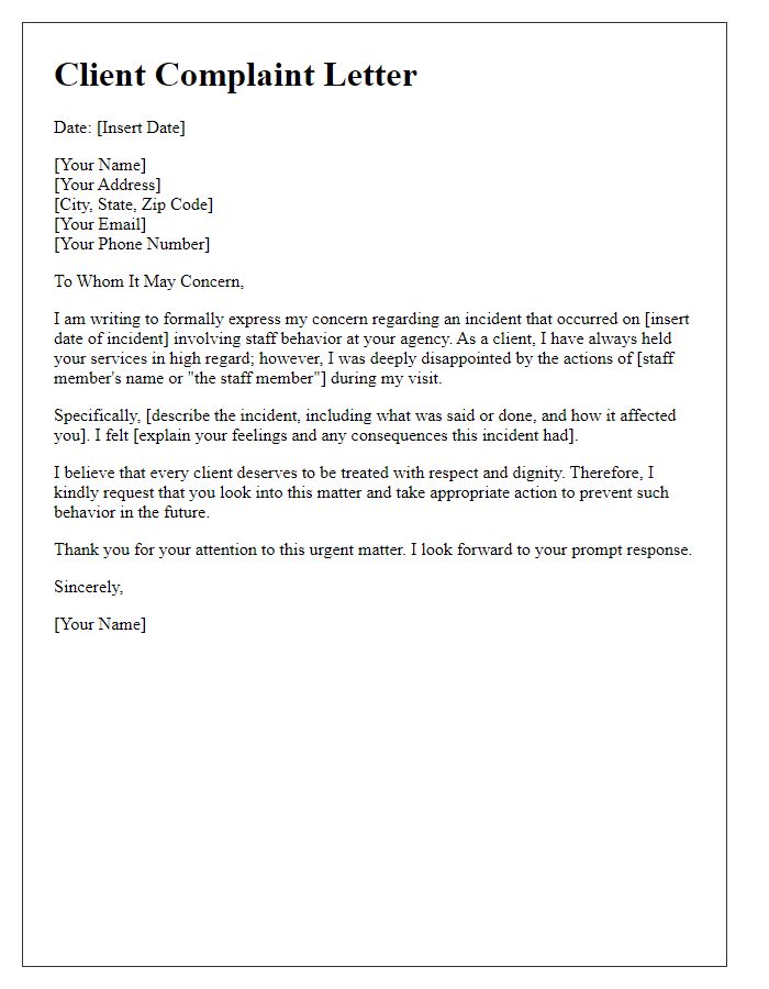 Letter template of client complaint to social service agency concerning staff behavior.