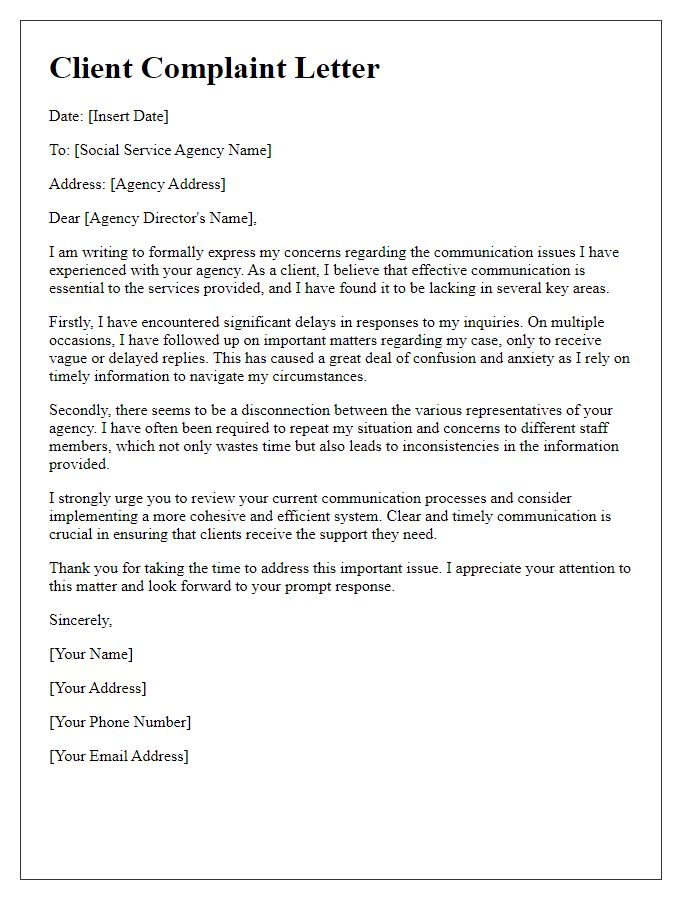 Letter template of client complaint to social service agency focusing on communication issues.