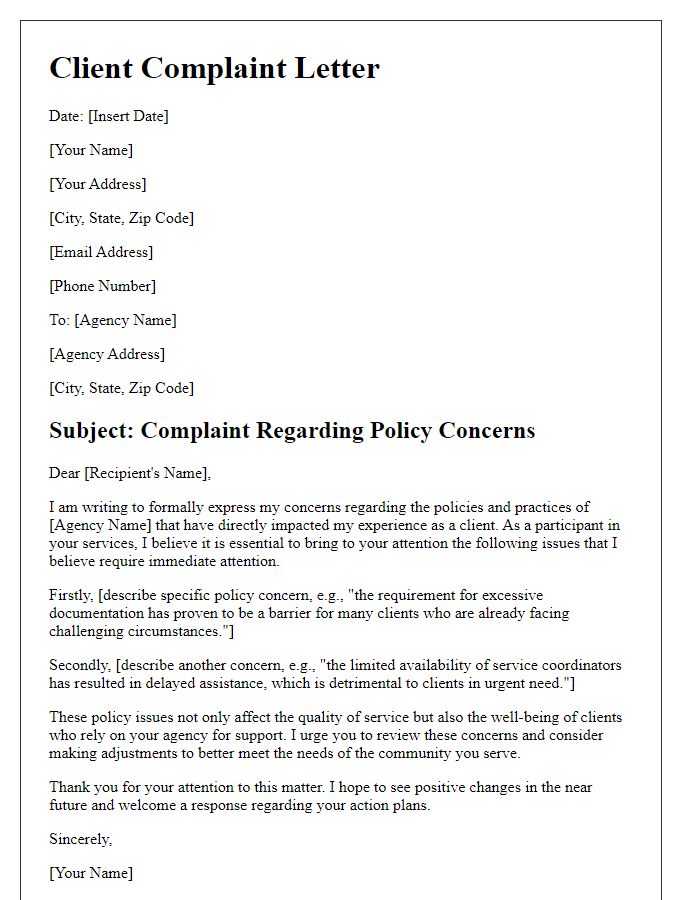 Letter template of client complaint to social service agency highlighting policy concerns.