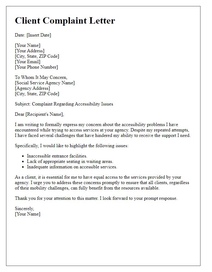 Letter template of client complaint to social service agency noting accessibility problems.