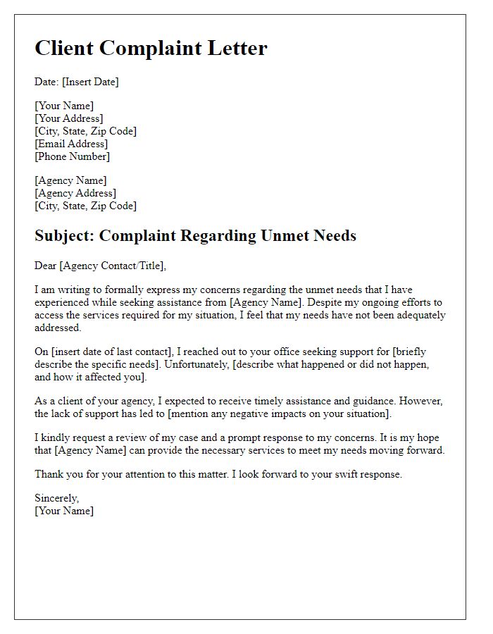 Letter template of client complaint to social service agency related to unmet needs.