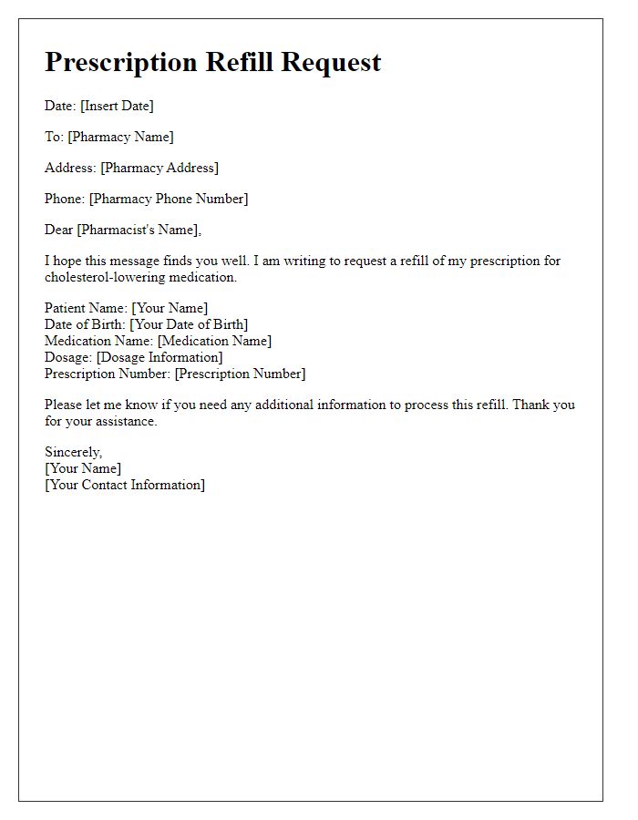 Letter template of prescription refill request for cholesterol-lowering medication