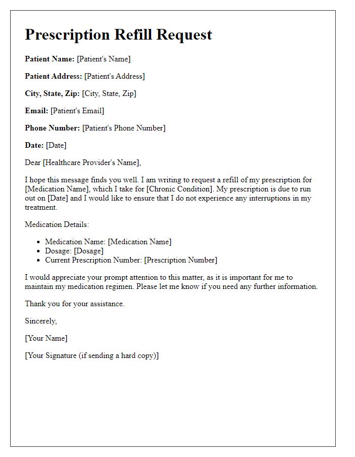 Letter template of prescription refill request for chronic medication