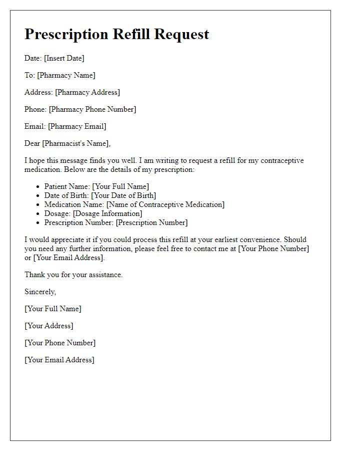 Letter template of prescription refill request for contraceptive medication