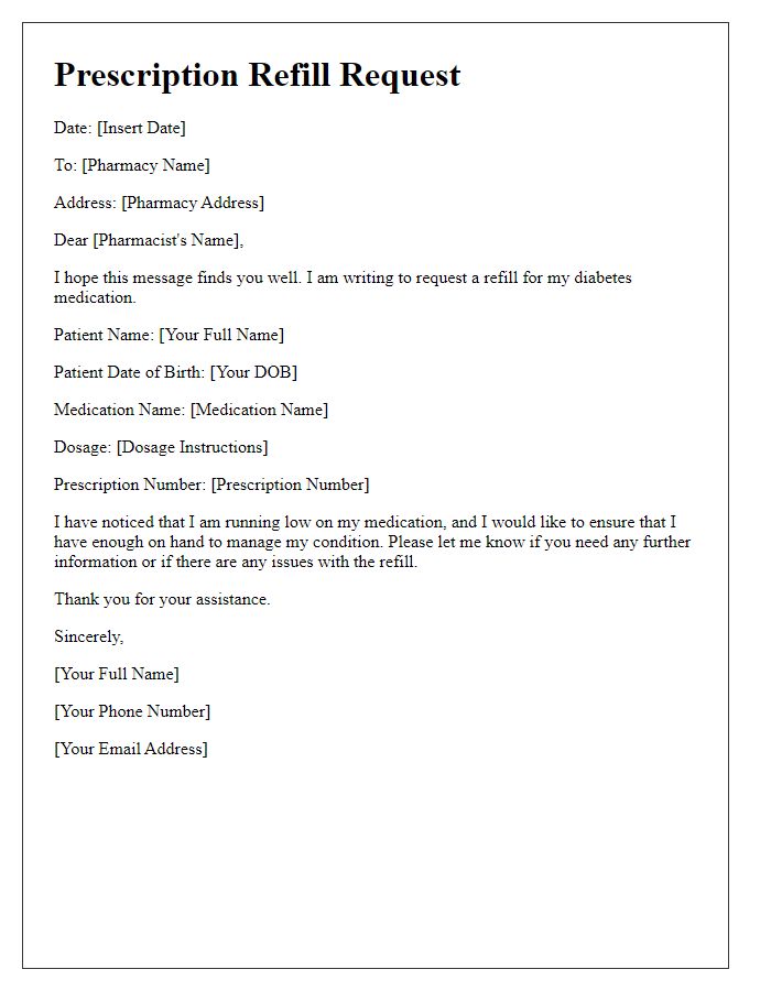 Letter template of prescription refill request for diabetes medication