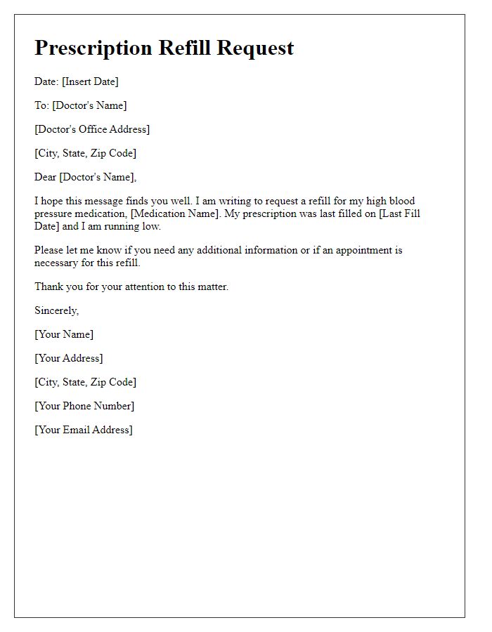 Letter template of prescription refill request for high blood pressure medication