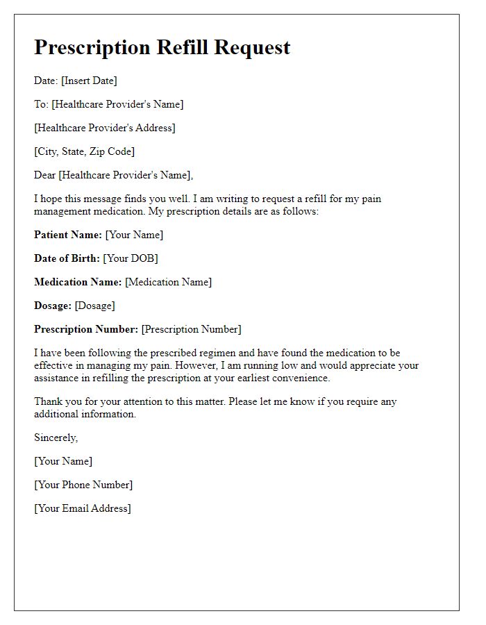 Letter template of prescription refill request for pain management medication